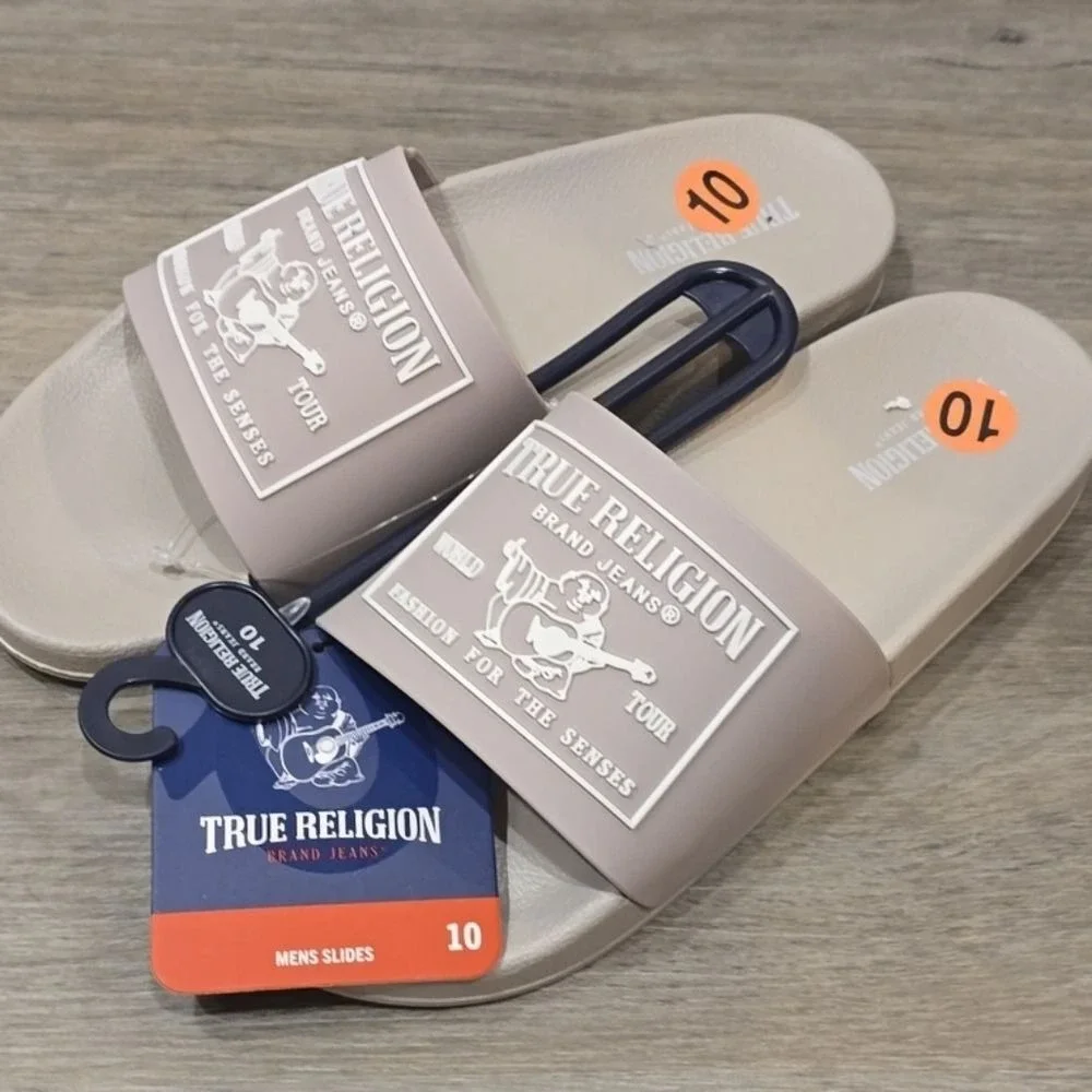 True Religion Kendrick Logo Slide Sandals-‎ Light Grey